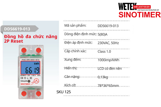 (SKU 125) DDS6619-013 Công tơ điện 5(80)A 230VAC, 50Hz  Sinotimer