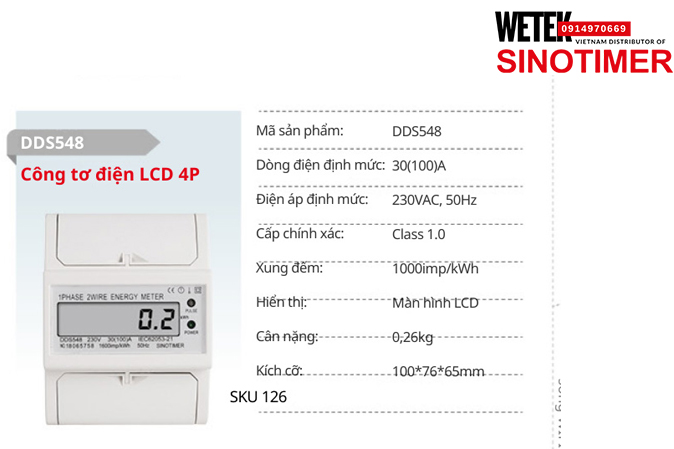 (SKU 126) DDS548 Công tơ điện 30(100)A 230VAC, 50Hz  Sinotimer