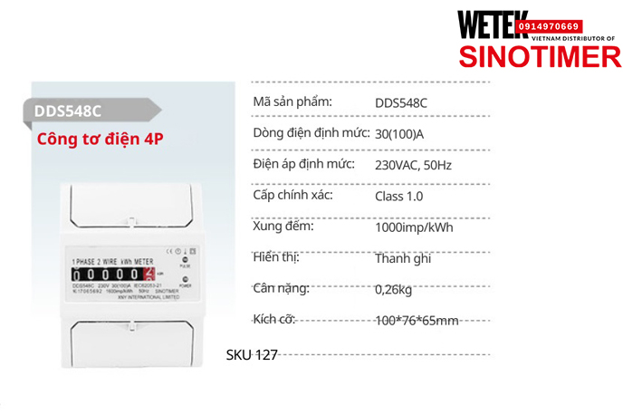 (SKU 127) DDS548C Công tơ điện 30(100)A 230VAC, 50Hz  Sinotimer