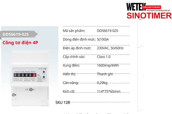 (SKU 128) DDS6619-025 Công tơ điện 5(100)A 230VAC, 50/60Hz  Sinotimer