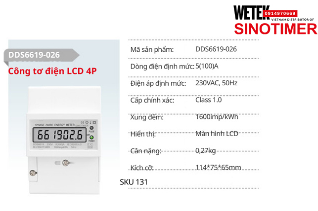 (SKU 131) DDS6619-026 Công tơ điện 5(100)A 230VAC, 50Hz Sinotimer