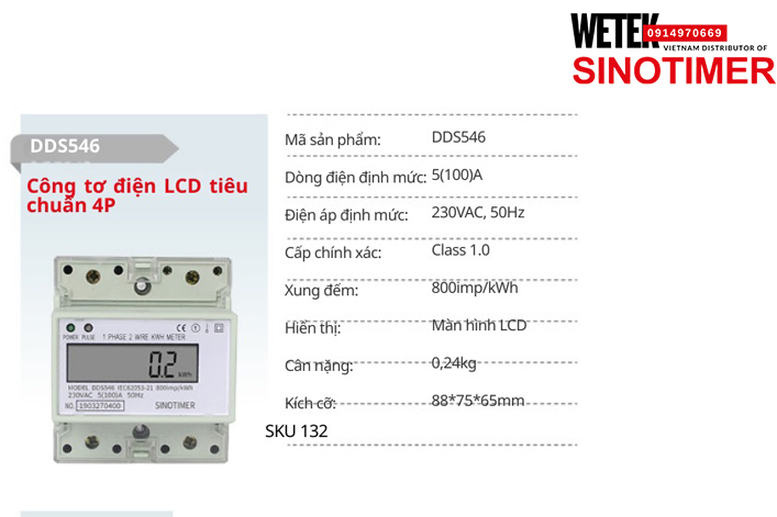 (SKU 132) DDS546 Công tơ điện 5(100)A 230VAC, 50Hz  Sinotimer