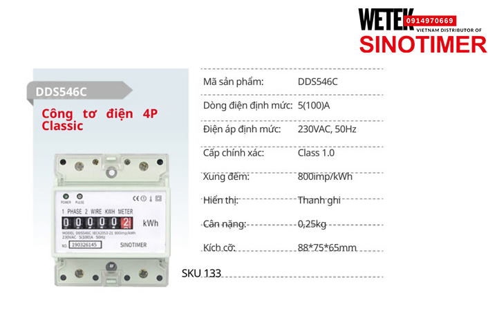 (SKU 133) DDS546C Công tơ điện 5(100)A 230VAC, 50Hz  Sinotimer