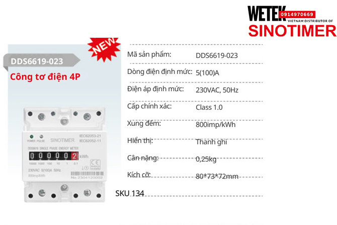 (SKU 134) DDS6619-023 Công tơ điện 5(100)A 230VAC, 50Hz  Sinotimer
