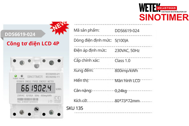 (SKU 135) DDS6619-024 Công tơ điện 5(100)A 230VAC, 50Hz  Sinotimer
