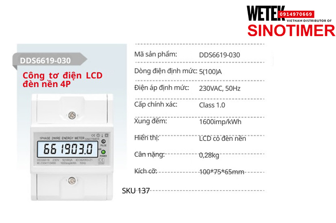 (SKU 137) DDS6619-030 Công tơ điện 5(100)A 230VAC, 50Hz  Sinotimer