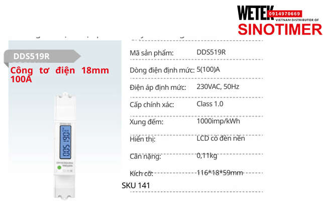 (SKU 141) DDS519R Công tơ điện 5(100)A 230VAC, 50Hz  Sinotimer