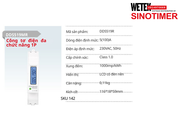 (SKU 142) DDS519MR Công tơ điện 5(100)A 230VAC, 50Hz  Sinotimer