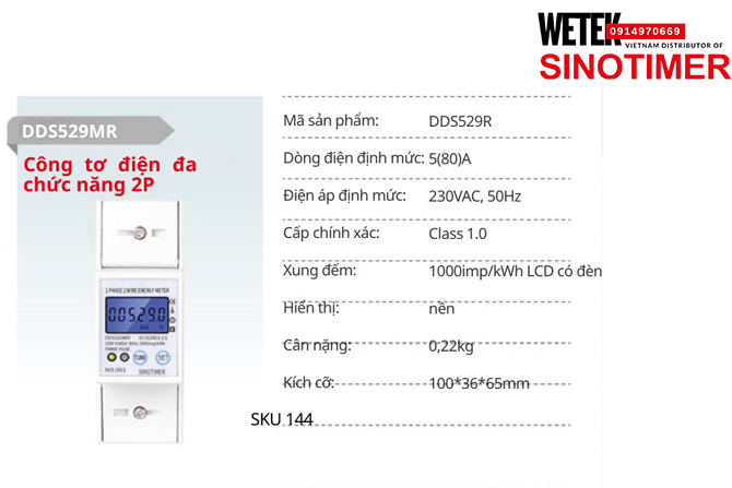 (SKU 144) DDS529R Công tơ điện 5(80)A 230VAC, 50Hz  Sinotimer