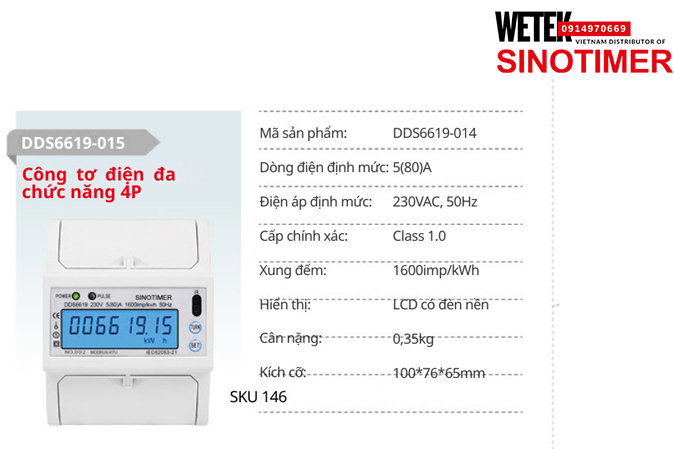(SKU 146) DDS6619-014 Công tơ điện 5(80)A 230VAC, 50Hz  Sinotimer