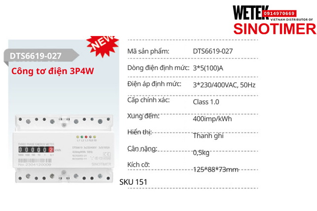 (SKU 151) DTS6619-027 Công tơ điện 3*5(100)A 3*230/400VAC, 50Hz  Sinotimer