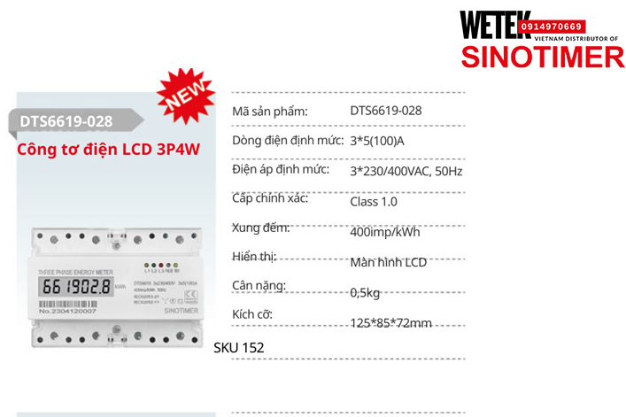 (SKU 152) DTS6619-028 Công tơ điện 3*5(100)A 3*230/400VAC, 50Hz  Sinotimer