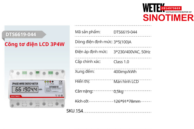 (SKU 154) DTS6619-044 Công tơ điện 3*5(100)A 3*230/400VAC, 50Hz  Sinotimer