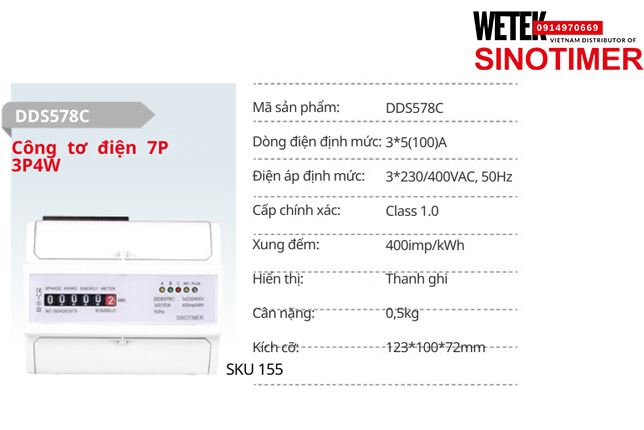 (SKU 155) DDS578C   Công tơ điện 3*5(100)A 3*230/400VAC, 50Hz  Sinotimer