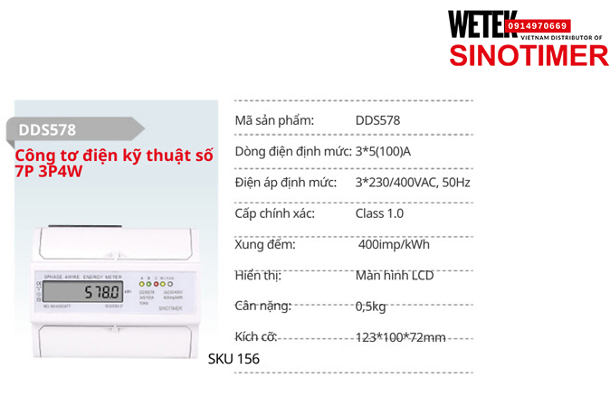 (SKU 156) DDS578   Công tơ điện 3*5(100)A 3*230/400VAC, 50Hz  Sinotimer