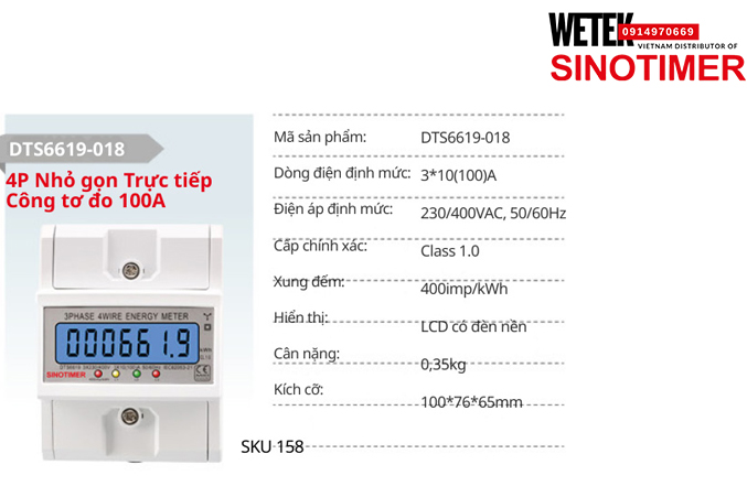 (SKU 158) DTS6619-018 Công tơ điện 3*10(100)A 230/400VAC, 50/60Hz  Sinotimer