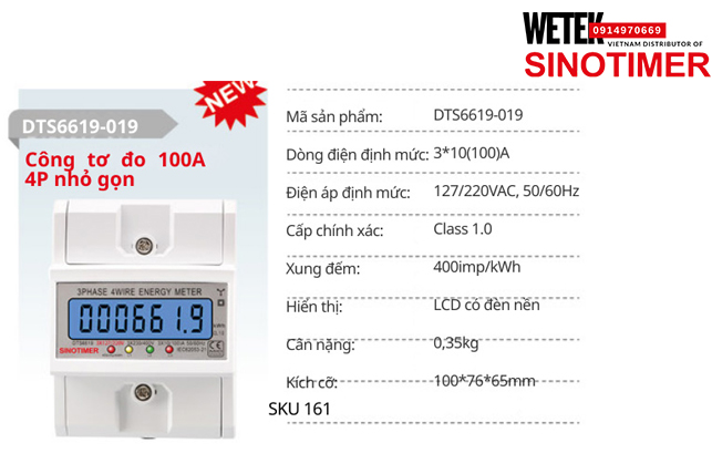 (SKU 161) DTS6619-019 Công tơ điện 3*10(100)A 127/220VAC, 50/60Hz  Sinotimer