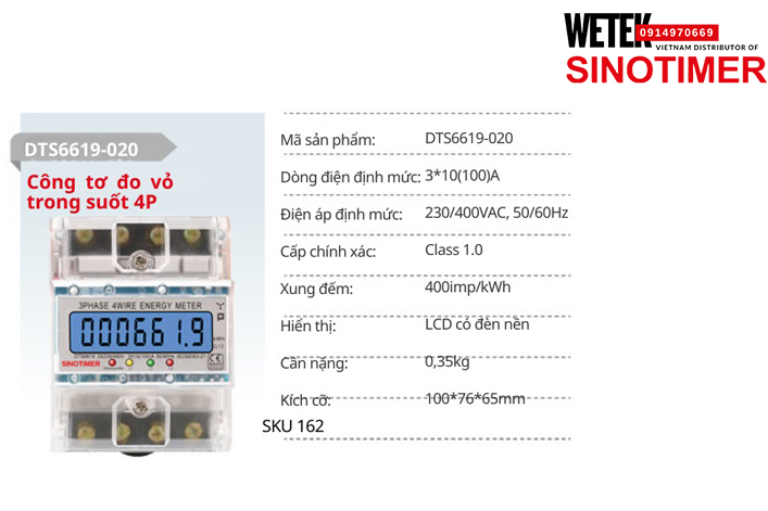 (SKU 162) DTS6619-020 Công tơ điện 3*10(100)A 230/400VAC, 50/60Hz  Sinotimer