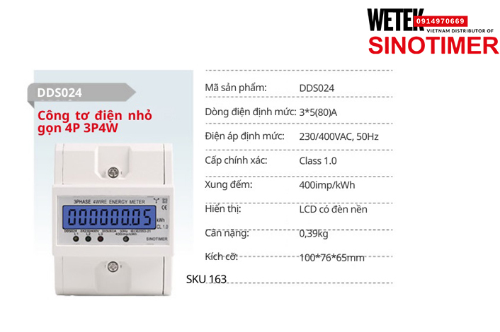 (SKU 163) DDS024 Công tơ điện 3*5(80)A 230/400VAC, 50Hz  Sinotimer