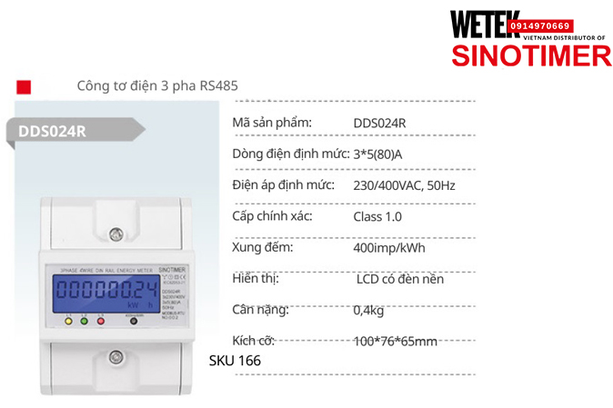 (SKU 166) DDS024R Công tơ điện 3*5(80)A 230/400VAC, 50Hz  Sinotimer