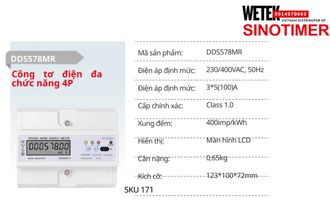 (SKU 171) DDS578MR Công tơ điện 230/400VAC, 50Hz 3*5(100)A Sinotimer
