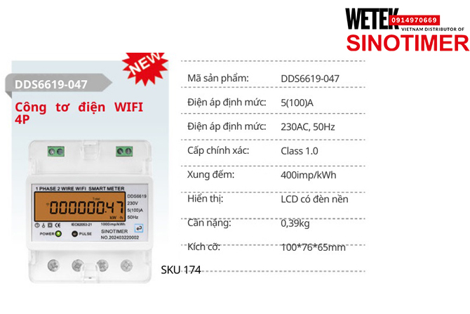 (SKU 174) DDS6619-047 Công tơ điện 5(100)A 230AC, 50Hz  Sinotimer