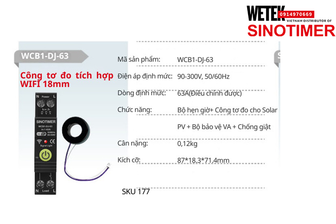 (SKU 177) WCB1-DJ-63 Công tơ điện 90-300V, 50/60Hz 63A(Điều chỉnh được)  Sinotimer