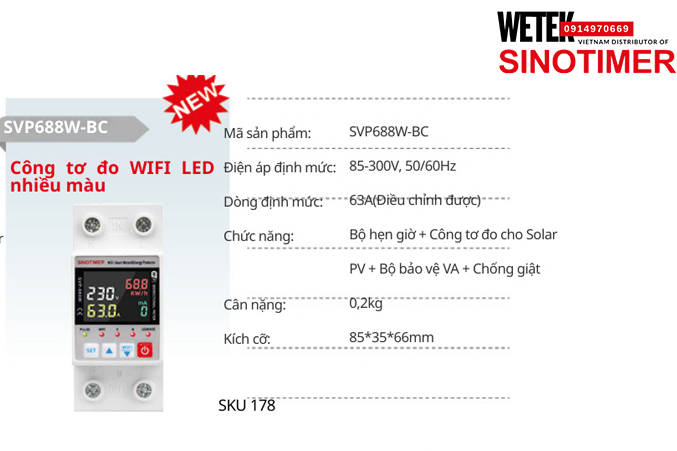 (SKU 178) SVP688W-BC Công tơ điện 85-300V, 50/60Hz 63A(Điều chỉnh được)  Sinotimer