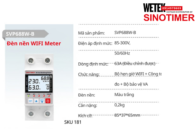 (SKU 181) SVP688W-B  Công tơ điện 85-300V, 50/60Hz 63A (Điều chỉnh được)  Sinotimer