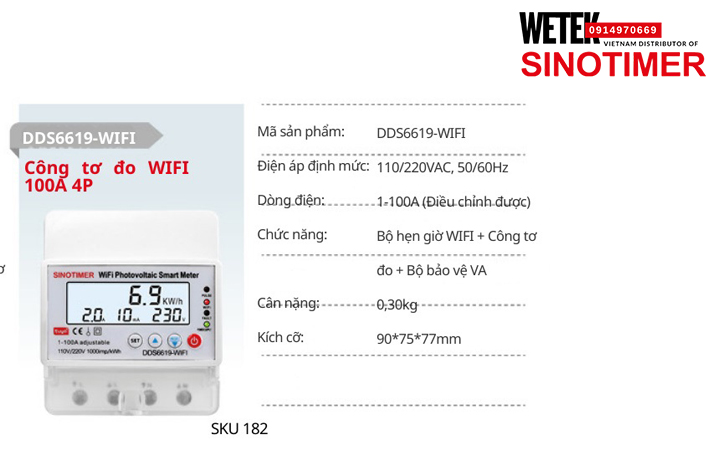 (SKU 182) DDS6619-WIFI Công tơ điện 110/220VAC, 50/60Hz 1-100A (Điều chỉnh được)  Sinotimer