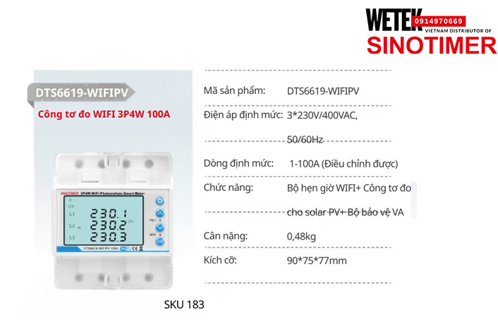 (SKU 183) DTS6619-WIFIPV Công tơ điện 3*230V/400VAC, 50/60Hz  1-100A (Điều chỉnh được)  Sinotimer