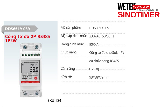 (SKU 184) DDS6619-039 Công tơ điện 230VAC, 50/60Hz 5(60)A  Sinotimer