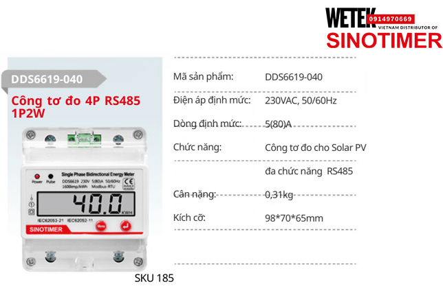 (SKU 185) DDS6619-040 Công tơ điện 230VAC, 50/60Hz 5(80)A Sinotimer