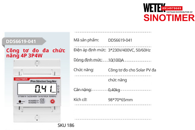 (SKU 186) DDS6619-041 Công tơ điện 3*230V/400VC, 50/60Hz 10(100)A  Sinotimer