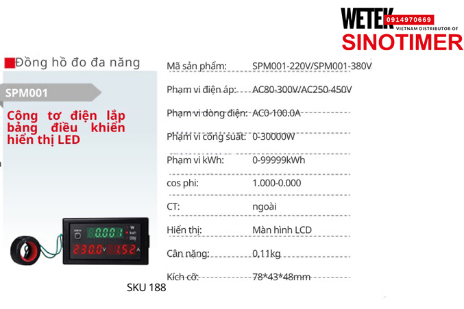 (SKU 188) SPM001-220V/SPM001-380V  Đồng hồ điện AC80-300V/AC250-450V  AC0-100.0A Sinotimer