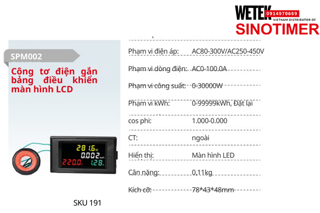 (SKU 191) SPM002-220V/SPM002-380V  Đồng hồ điện AC80-300V/AC250-450V  AC0-100.0A Sinotimer