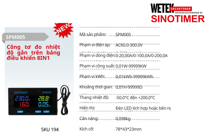 (SKU 194) SPM005  Đồng hồ điện AC60.0-300.0V 0-20,00A/0-100,0A/0-200,0A Sinotimer