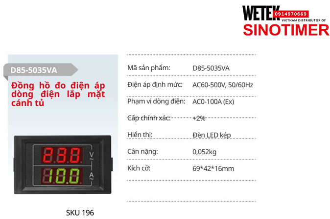 (SKU 196) D85-5035VA  Đồng hồ điện AC60-500V, 50/60Hz  AC0-100A (Ex)  Sinotimer