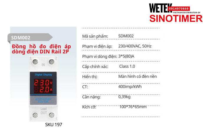 (SKU 197) SDM002 Đồng hồ điện 230/400VAC, 50Hz 3*5(80)A Sinotimer