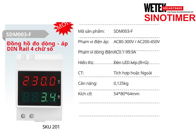 (SKU 201) SDM003-F  Đồng hồ điện AC80-300V / AC200-450V  AC0.1-99.9A  Sinotimer