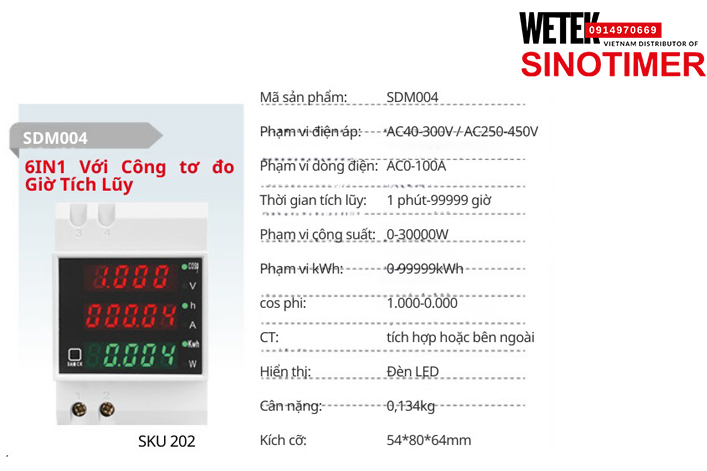 (SKU 202) SDM004  Đồng hồ điện AC40-300V / AC250-450V  AC0-100A Sinotimer