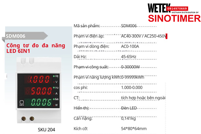 (SKU 204) SDM006  Đồng hồ điện AC40-300V / AC250-450V  AC0-100A Sinotimer