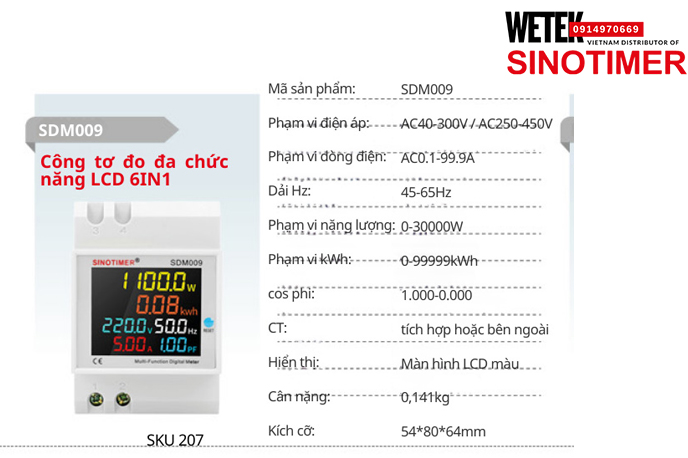 (SKU 207) SDM009  Đồng hồ điện AC40-300V / AC250-450V  AC0.1-99.9A Sinotimer