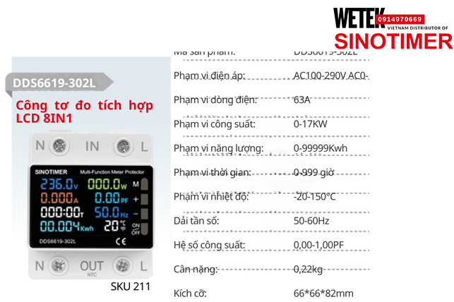 (SKU 211) DDS6619-302L  Công tơ điện AC100-290V  AC0-63A Sinotimer