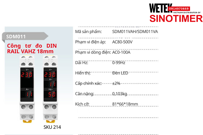 (SKU 214) SDM011VAH/SDM011VA  Đồng hồ điện AC80-500V  AC0-100A Sinotimer