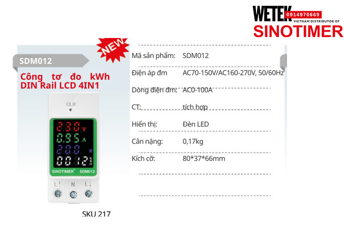 (SKU 217) SDM012  Đồng hồ điện AC70-150V/AC160-270V, 50/60Hz  AC0-100A  Sinotimer