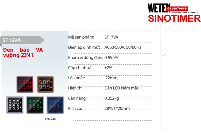 (SKU 228) ST17VA  Đồng hồ điện AC60-500V, 50/60Hz 0-99,9A  Sinotimer