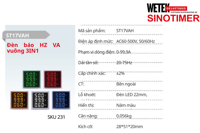 (SKU 231) ST17VAH  Đồng hồ điện AC60-500V, 50/60Hz 0-99,9A Sinotimer