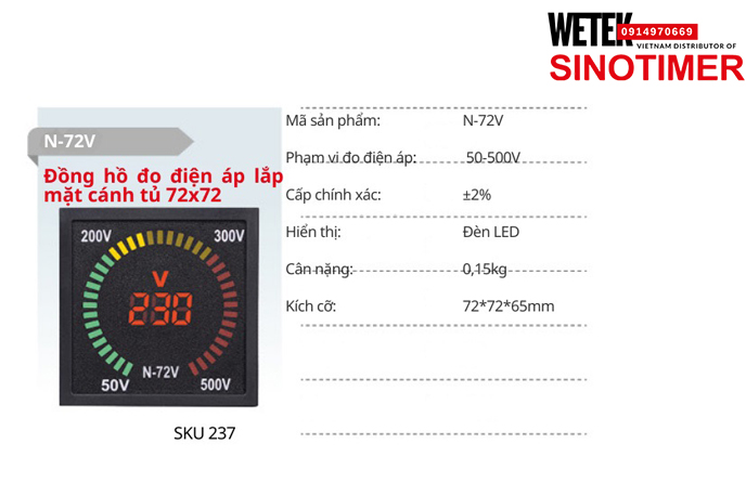 (SKU 237) N-72V Đồng hồ điện  50-500V ±2% Sinotimer