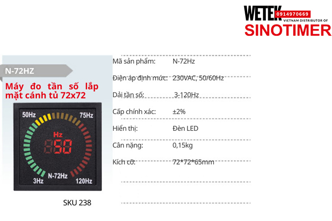 (SKU 238) N-72Hz Đồng hồ điện 230VAC, 50/60Hz  3-120Hz  Sinotimer
